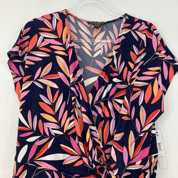 New Maggy London size 16W Multi Color Leaf Stretch Wrap Belted Dress Feminine - Picture 4 of 11
